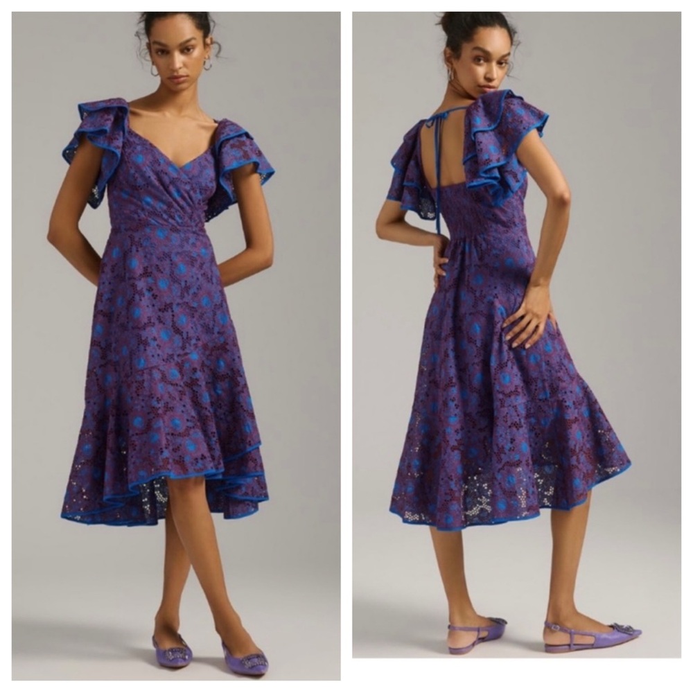 Anthropologie Flutter Sleeve Lace Dress in Blue and Purple